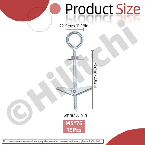 15 Pieces M5 Eye Bolt Toggle Anchors And Wing Nut Kit, 75mm Length, O Shaped Butterfly Toggle Anchors For Hanging Lamps And Heavy Items
