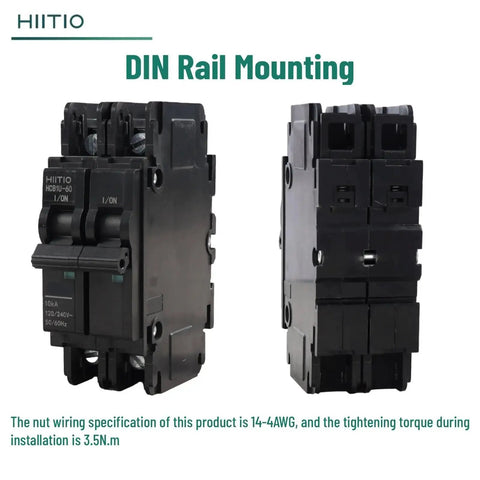 Front and side view of 50 Amp 120V/240V Miniature Circuit Breaker 2 Pole DIN Rail Mount UL489 Listed HCB1U-60 MCB.