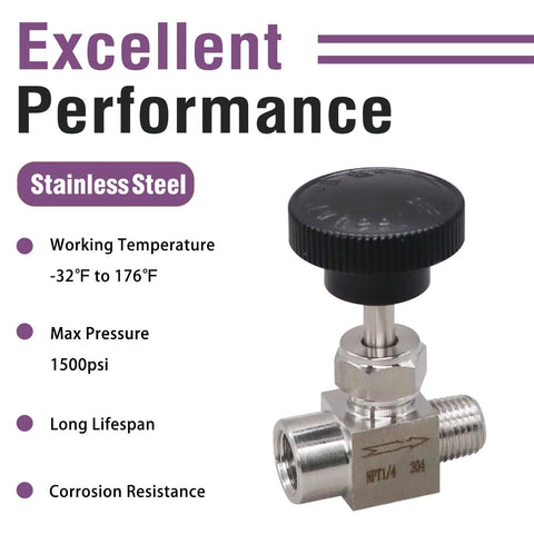 Napredak stainless steel gas needle valve, 1/4 NPT female to 1/4 NPT male, for oil and water