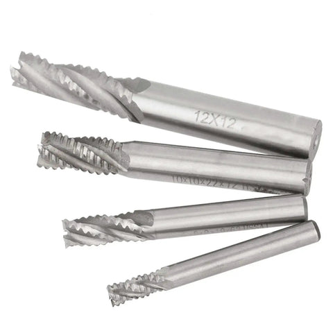 Rugged 4 Flute HSS Roughing End Mill Set For CNC Router Machines, 4 Piece Kit In M6 M8 M10 Sizes, High Efficiency Milling Beefed Up Strength Smooth Cuts And Clean Edges