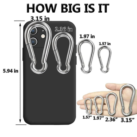 Heavy Duty 304 Stainless Steel Snap Hooks for Outdoor Gear and Camping sizes comparison with phone and hand.