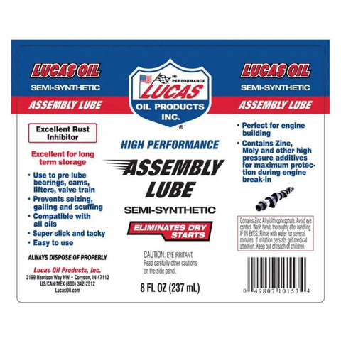 High-Performance Semi-Synthetic Assembly Lube For Engine Building And Pre Lubing Bearings Cams Lifters And Valve Train Prevents Dry Starts Seizing And Galling While Shielding Long Term Storage 8 Ounce Bottle label