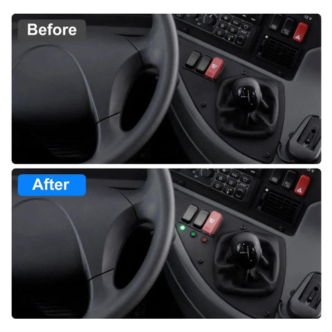 Before and after dashboard image with Four Pack 12mm LED Indicator Lights IP67 Waterproof Signal Lamps Green and Red installed.