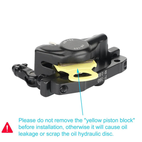 HB-100 hydraulic disc brake caliper, black with yellow piston block, front view for MTB bike