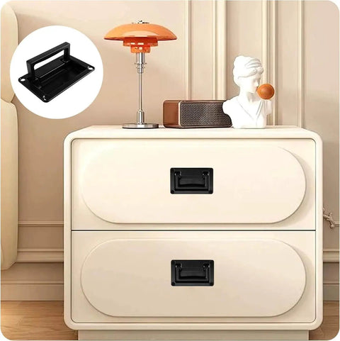 Recessed Flush Pull Handle With Mounting Screws In Black For Deck Hatch And Toolbox 3.74 By 2.36 Inch Zinc Alloy Rust Proof And Corrosion Resistant Easy Install 95 By 60mm With 83.5mm And 48mm Hole Spacing Pack Of 1 By Viongna installed on a white cabinet drawer.