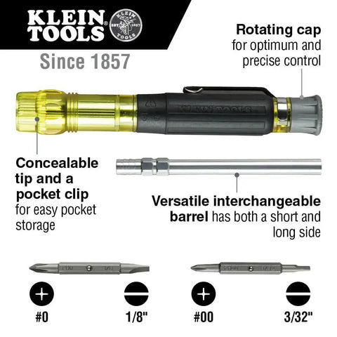 Four In One Electronics Pocket Screwdriver Set With Phillips And Slotted Bits For DIY Tech Repairs Concealable Tip Pocket Clip Spin Cap EDC Everyday Carry Tool For On The Go Fixes in packaging with interchangeable bits visible.