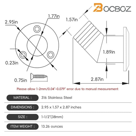 Front view of BocBoz 1-1/2 in deck fill flange in 316 stainless steel with angled neck and mounting holes