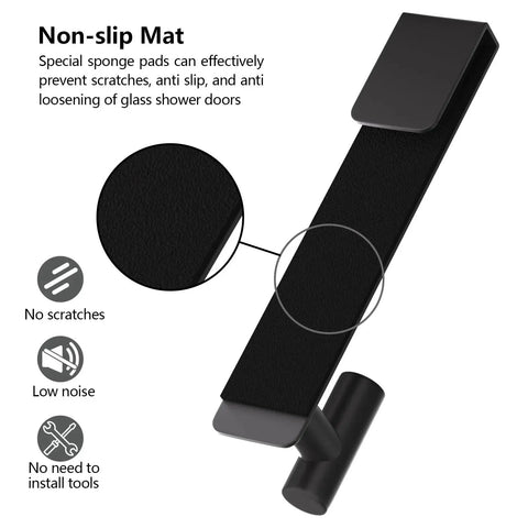 Stainless Steel Over The Door Shower Hooks For Frameless Glass Doors 7.5 Inch Extended T Shape Towel Hanger Black Finish with Anti Slip Mat