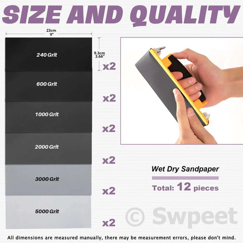 32 Piece Ultra Fine Sanding Sponge Pad Kit With 5 Grit Ranges From 240 To 5000, hand holding sanding pad, labeled sizes.