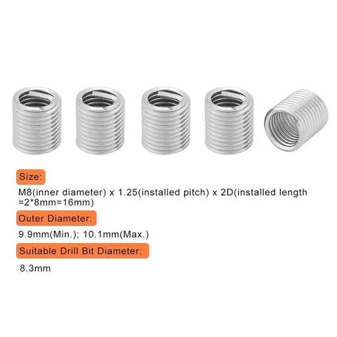 100 Pack Stainless Steel Helical Thread Inserts M8 X 1.25 2D Length For Helicoil Repair, SS304 Coil Wire Inserts For Damaged Threads
