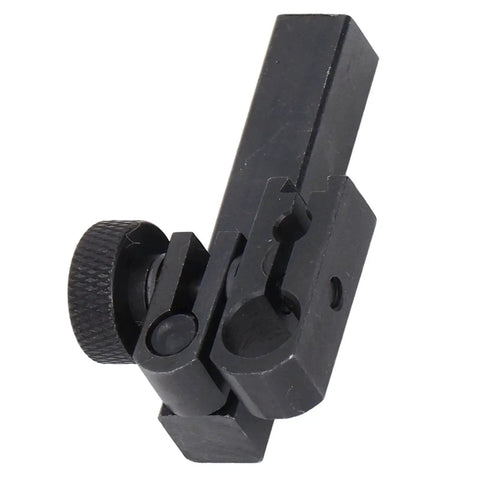 Klanata dial test indicator height holder bar with sleeve swivel clamp, side view, black metal, knurled knob