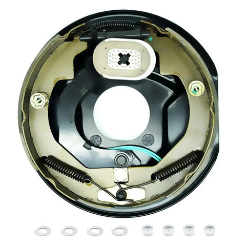 RV trailer electric brake magnet kit for 10in Dexter 3500-lb brakes, with retainer clips and springs, front view