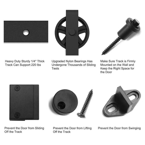 Components of Heavy Duty Sliding Barn Door Hardware Kit in Black with Industrial Wheel Hangers, nuts, screws, and guides visible