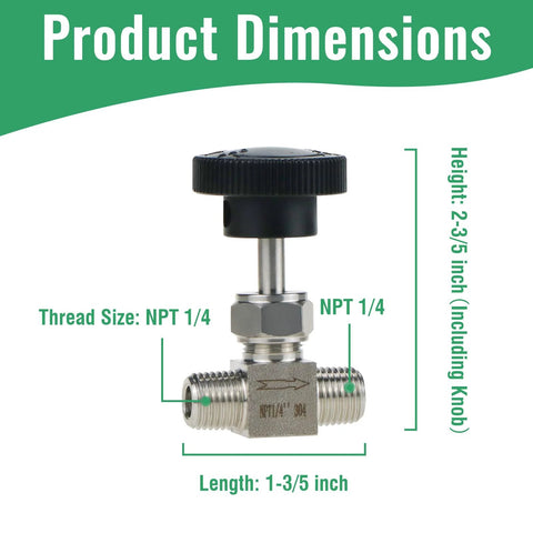 Angry Pony stainless steel 304 needle valve with black knob, NPT 1/4 male straight, 1-3/5 in long.