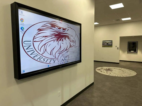 Indoor TV Enclosure For 42 To 50 Inch Screens Built Like A Tank With Shatterproof Front Panel mounted on wall in hallway