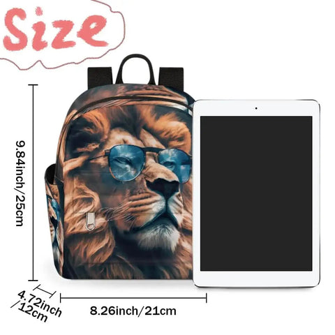 Mini Backpack Purse For Women Cute Small Daypack Soft Shoulder Bag Lightweight Multi Functional Travel Work Everyday Carry Bag With Adjustable Straps And Multiple Pockets For Ladies City Chic Vibe featuring a lion with glasses design, shown with tablet for scale.