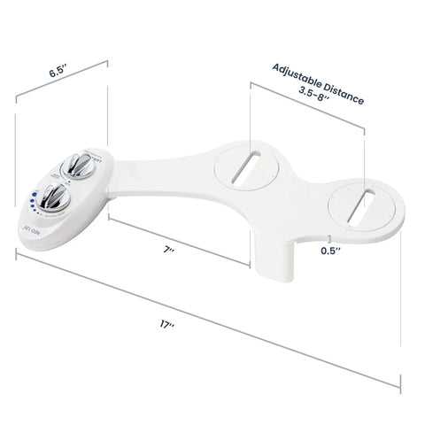 Rear Wash Non Electric Bidet Attachment With Self Cleaning Nozzle Toilet Seat, dimensions marked on white plastic design