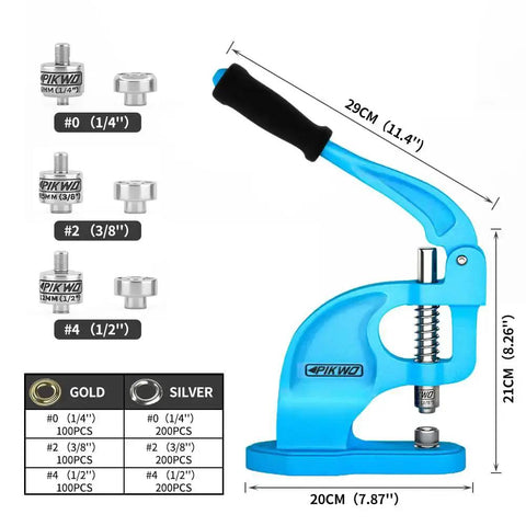Heavy Duty Eyelet Grommet Machine Press Kit With 3 Interchangeable Dies And 900 Grommets shown with dimensions and die sizes