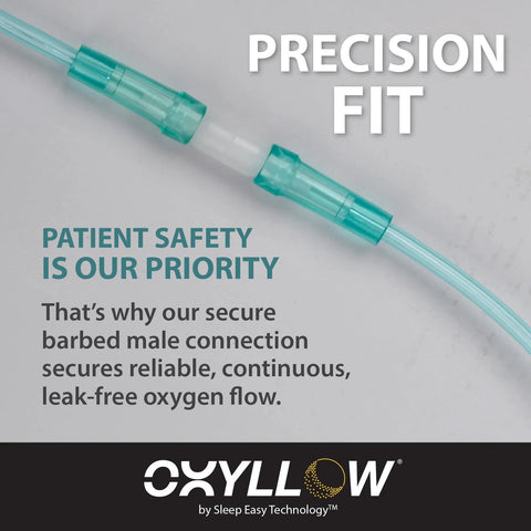 Oxyllow Premium Swivel Connector with teal barbed ends; 360° rotation design; 5-count; Oxyllow by Sleep Easy Technology logo
