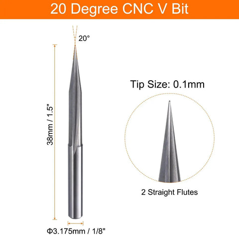 CNC V Bit Set 5 Piece 20 Degree Point One Millimeter Tip One Eighth Inch Shank Carbide Engraving End Mills With Two Straight Flutes