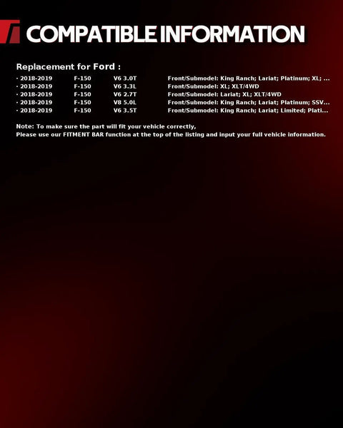 Compatible information for Ford F-150 models 2018-2019 detailing engine types and trim levels.