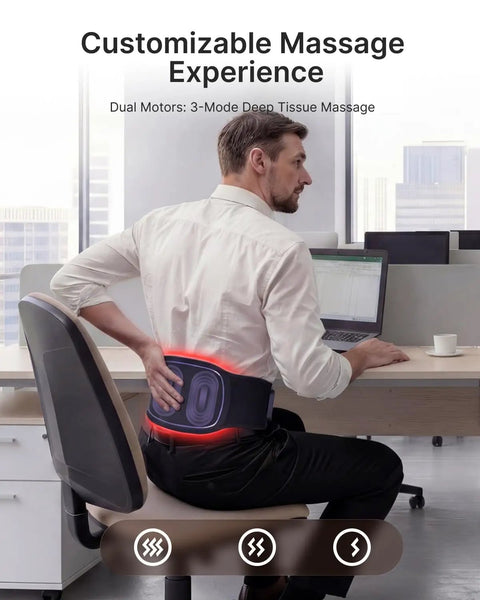 Man sitting in office using Dope Cordless Heating Pad For Back Pain With 3 In 1 Red Light Therapy Belt, vibration and timer