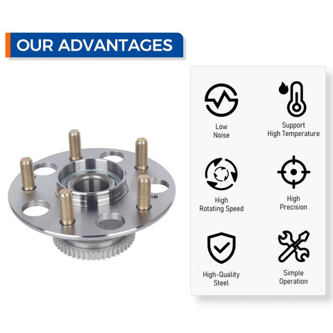 Rear Wheel Hub and Bearing Assembly For 1999 Through 2003 Acura TL And 1998 Through 2002 Honda Accord V6 Models Rear Disc Compatible OEM Grade Replacement showing product and features; high-quality steel, low noise, high precision.
