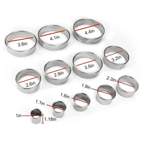 12 Piece Round Cookie Cutter Set With Graduated Circle Cutters In 18 8 Stainless Steel arranged by size with measurement labels