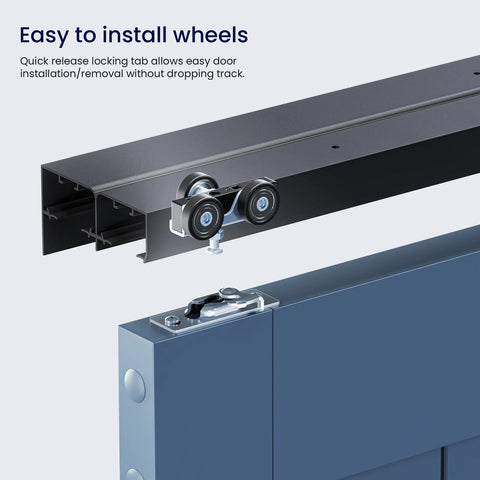 Ceiling Mount Bypass Sliding Door Hardware Kit For Cabinets And Closets, 60 Inch Long, Double Pocket Doors With Finger Pull, Smooth And Quiet Operation, Fits 30.5 Inch Wide Door Panels, Door Not Included, Black Finish with close-up on wheel mechanism.
