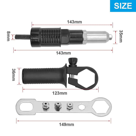 Pop Rivet Gun Adapter Kit For Cordless Drill Pro Grade Rivet Drill Attachment with measurement details visible