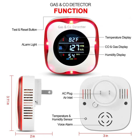 Must-Have Plug-In 4-In-1 Carbon Monoxide And Combustible Gas Detector With Temp And Humidity Sensor showing display and features