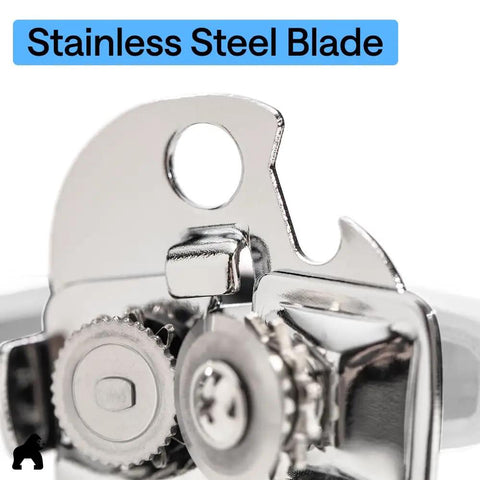 Close-up of heavy duty stainless steel can opener with smooth edge and bottle openers showing the blade mechanism.