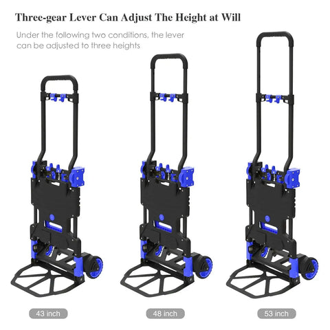 Foldable Hand Truck Heavy Duty 330Lb Capacity With Retractable Handle adjustable lever heights 43 to 53 inches