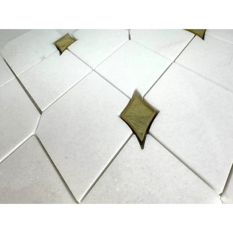 Close-up of Thassos White Marble And Gold Glass Diamond Mosaic Tile 3 By 3.5 Inch Waterjet Cut Polished Wall And Floor Tile