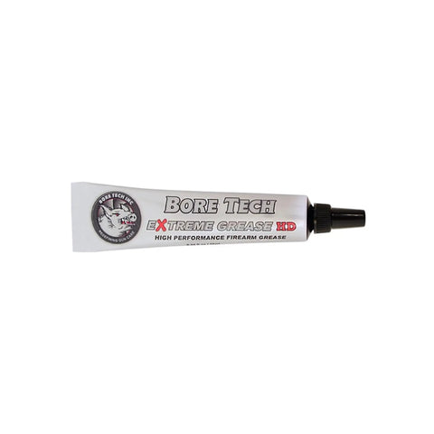 Side view of a tube labeled Bore Tech Extreme Grease, resembling Ultra Tack Firearm Grease For Extreme Conditions High Temp Synthetic Triple Blend Lubricant 10cc Tube Keeps Guns Running From Minus Eighty Five Degrees To Plus Seven Hundred Degrees Ultra Low Friction No Gumming Or Running.