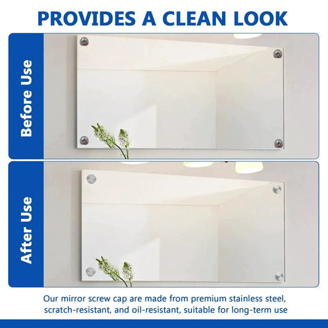 Before and after image of mirror with Stainless Steel Screw Cover Caps Set 24 Pieces 0.63 Inch Diameter 16mm Mirror Screw Caps