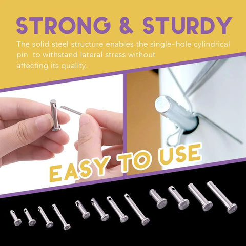 Image showing hands holding a clevis pin and pins installed, featuring a 304 Stainless Steel Clevis Pin Set Kit, 64 Pieces, M3 M4 M5, 12 Pin Types Including Flat Head With Hole, T Shape And Round Pins, Durable Hardware Assortment In Clear Plastic Box For Tools And Projects.