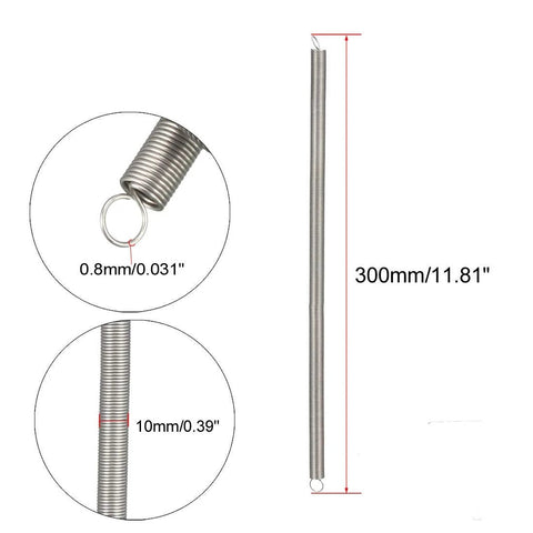 uxcell stainless steel extended tension spring with dual hooks; 0.031 in wire, 0.39 in OD, 11.81 in free length