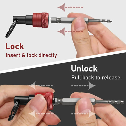 Non Slip Bit Holder Set 6 Piece Pro Grade One Quarter Inch Drill Bit Holder shows lock and unlock mechanism with black carabiner