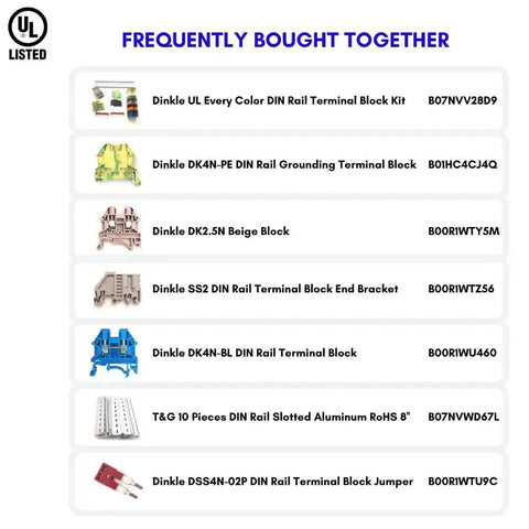 List of frequently bought together DIN rail components with product names and part numbers, including T&G aluminum DIN rail.