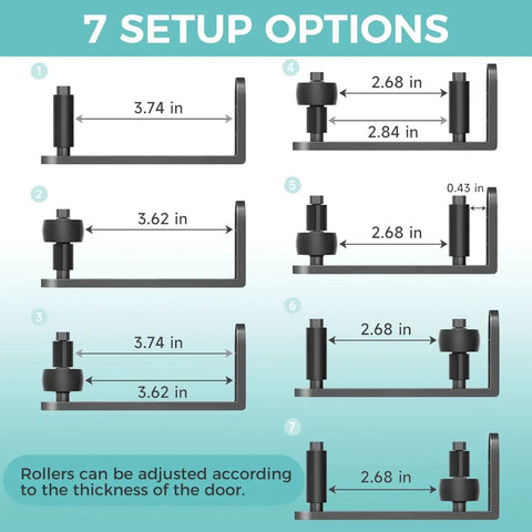 Image showing 7 setup options for 4 Pack Sliding Barn Door Floor Guides With Adjustable Rollers Flush Flat Bottom Design Solid Steel Construction Matte Black Finish Rust Resistant And Durable Hardware For Quiet Smooth Door Operation And Safe Tracking.