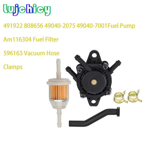 Fuel Pump For Briggs Stratton Honda Kohler Yamaha Small Engine Lawn Mower Tractor With Vacuum Hose And Fuel Filter Includes AM116304 For Broad Compatibility 17HP To 25HP displayed with filter, hose, and clamps