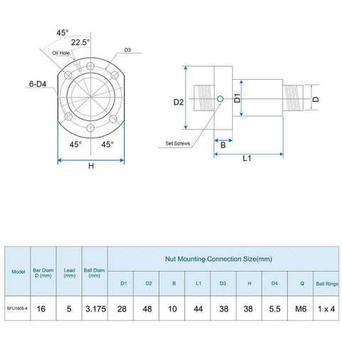 Technical diagram of SFU1605 Ball Screw Kit with 350mm length, 16mm diameter, 5mm lead, anti-backlash nut for CNC machines.