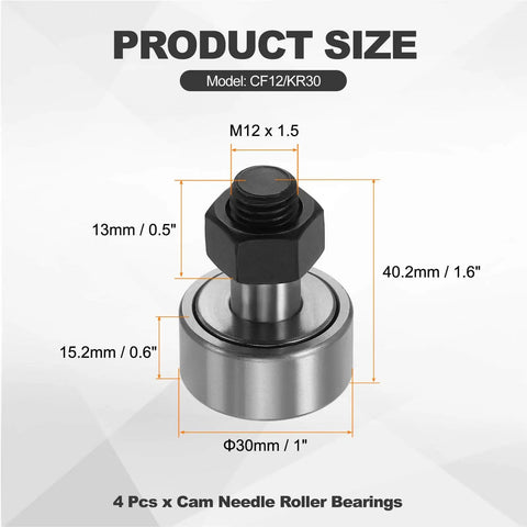4 Pack CF12 KR30 Needle Roller Bearings, 30Mm Roller Diameter Bolt Type Track Runner Bearings dimensions
