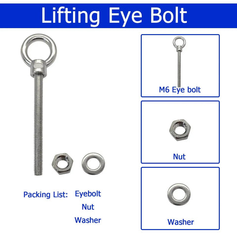 Beefy 1/4 Inch By 4 Inch Heavy Duty Eye Bolts Made From Marine Grade 304 Stainless Steel With Threaded Shoulder, Washers And Nuts, 20 Pack For Cables Ropes Jaws And Hooks image showing eyebolt, nut, and washer components.
