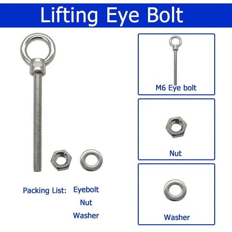 Heavy Duty Marine Grade Eyebolts One Quarter Inch By Four Inch Threaded Shoulder Eyebolts In 304 Stainless Steel With Washers And Nuts