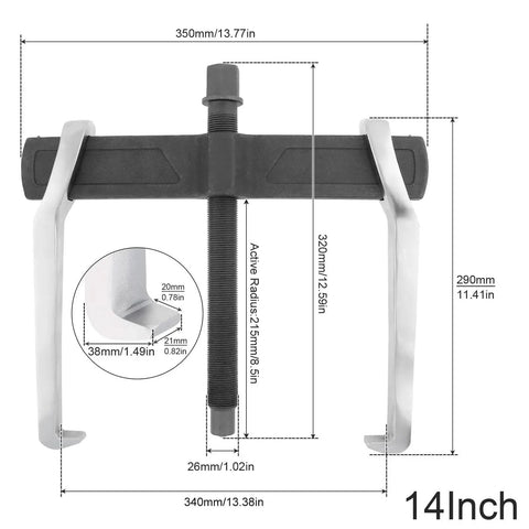 14 Inch Two Jaw Gear Puller Set With Adjustable Chrome Vanadium Steel Construction for Internal and External Pulling, front view
