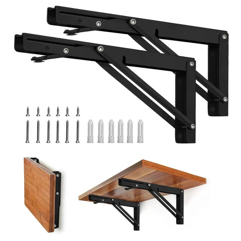 10 Inch Folding Shelf Brackets Pack of 2 Heavy Duty Metal Collapsible Brackets For Wall Mounted Use, black, with screws