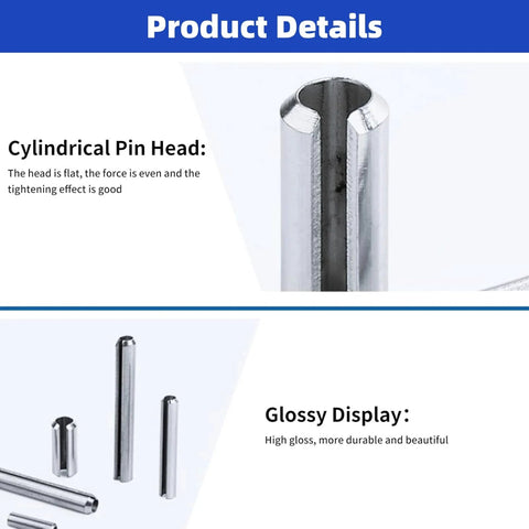 Heavy Duty 280Pcs Stainless Steel Roll Pin Set With Slotted Pins Assortment Kit M1.5 To M8 showing pin head details.