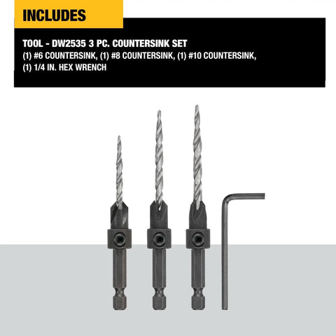 Workhorse Woodworking Countersink Drill Bit Set For A Clean Finish, 3 Piece, Sizes 6, 8, 10, with hex wrench included.
